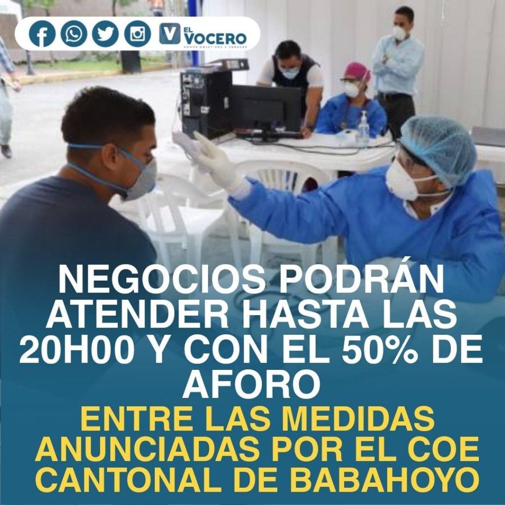 LOCALES COMERCIALES, NEGOCIOS Y ACTIVIDADES DEPORTIVAS PODRÁN ATENDER HASTA LAS 20H00 Y CON EL 50% DEL AFORO