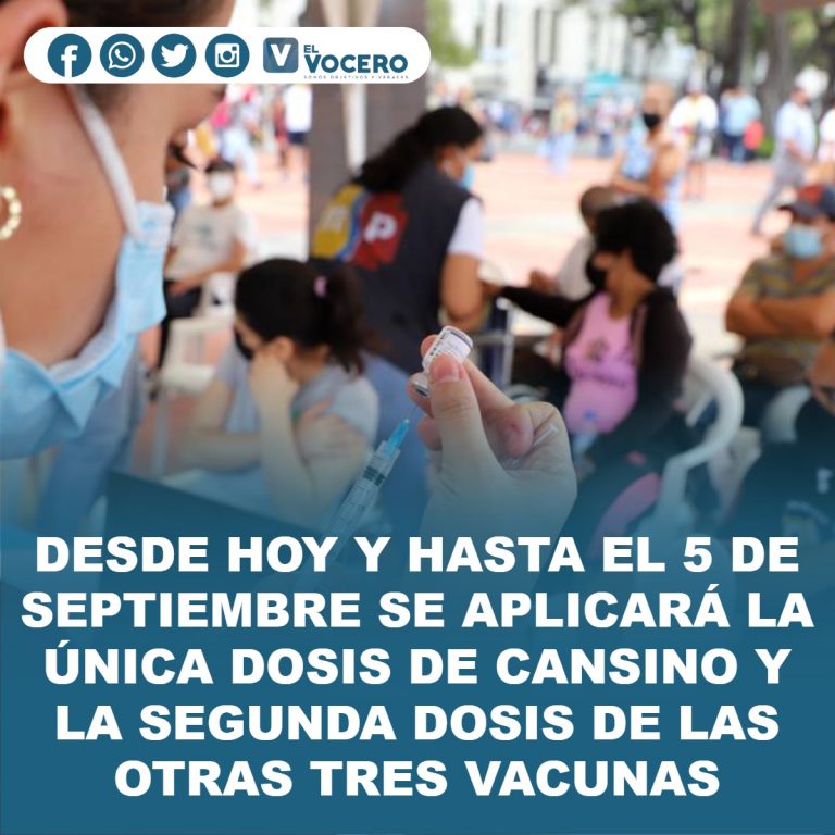 DESDE HOY Y HASTA EL 5 DE SEPTIEMBRE SE APLICARÁ LA ÚNICA DOSIS DE CANSINO Y LA SEGUNDA DOSIS DE LAS OTRAS TRES VACUNAS